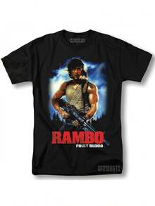 Rambo First Blood Movie Graphic T-Shirt - Black Retro Vintage Tee With Bold Red Text & Action Pose Design, Soft Comfortable Fabric, Regular Fit Casual Shirt For Men, All-Season Wear, Perfect Gift For Movie Fans & Collector - Đen 10 - Xem 1