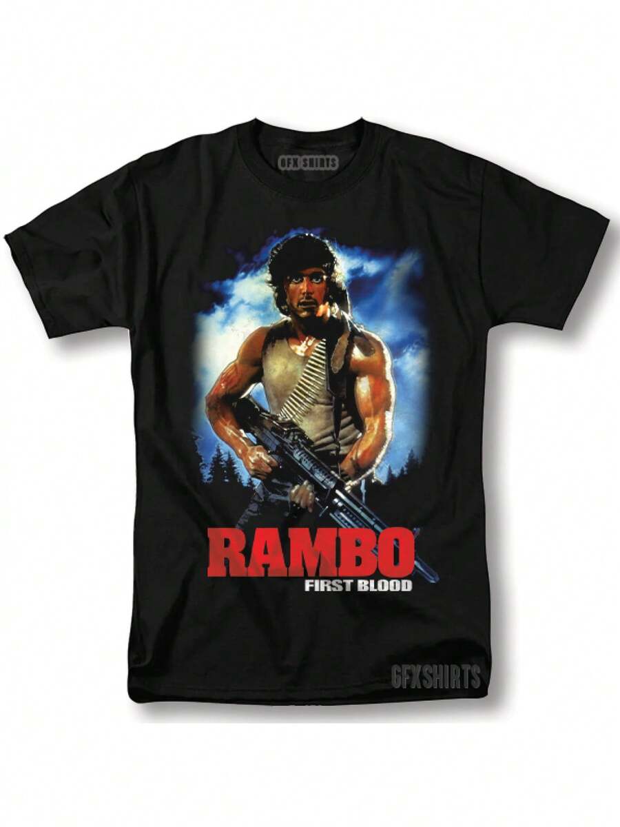 Rambo First Blood Movie Graphic T-Shirt - Black Retro Vintage Tee With Bold Red Text & Action Pose Design, Soft Comfortable Fabric, Regular Fit Casual Shirt For Men, All-Season Wear, Perfect Gift For Movie Fans & Collector - Đen 10 - Xem 1