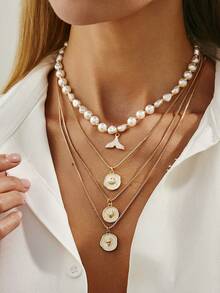 4件套海洋假日几何链条项链，仿珍珠串珠，贝壳，扇贝，鱼尾吊坠，优雅奢华，适合婚礼、派对、海滩、休闲、街头风格，女士及情侣款，假日、生日礼物 - 金色 - 查看 3