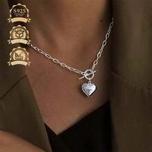 1pc Fashionable & Elegant 925 Silver Polished Heart Shaped Vintage Pendant Necklace, Versatile For Women, Suitable For Daily Wear, Vacation, And Gift - Silver - View 9