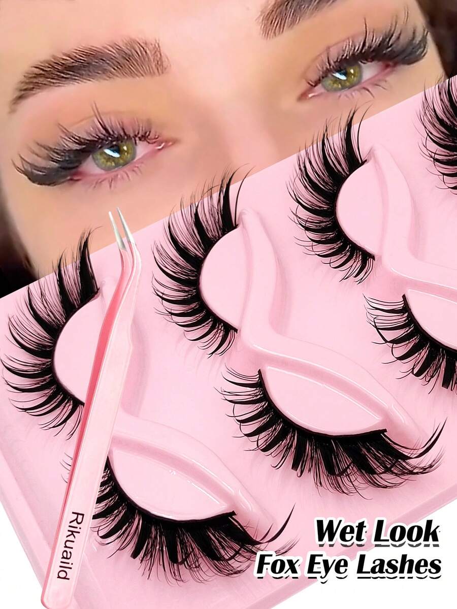 Rikuaild 5对奢华尖刺假睫毛，升级版睫毛款式 - 浓密、纤细、3D立体、可重复使用、柔软、轻盈、蓬松猫眼假睫毛，尖刺睫毛条，打造魅惑眼妆，睫毛嫁接妆容，假睫毛，动漫假睫毛 - 狐狸眼睫毛 - 查看 1