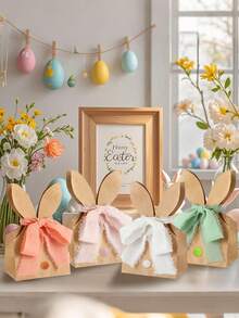 12个/28个/79个（24套）复活节兔子礼品袋，包含兔耳朵牛皮纸袋、4卷丝带、50个彩色绒球棕色兔子图案礼品包装袋，适用于春季生日、复活节礼物、复活节派对装饰。 - 彩色 - 查看 7