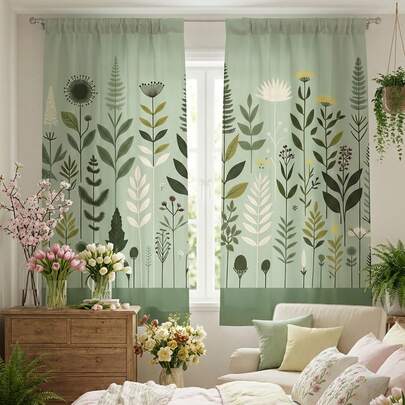 2片装简约植物薄纱窗帘：鼠尾草绿野花叶印花设计——透光面料，是卧室/客厅/餐厅窗户装饰的理想之选，也是春季家居装饰和自然风格日常装饰的完美点缀。