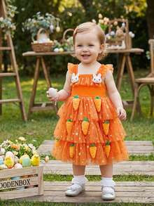 Toddler Girls Easter Tutu Dress Adorable Flying Sleeve Square Neck 3D Carrot Bunny Decorated Tulle Princess Dress - 橘色 - 查看 3