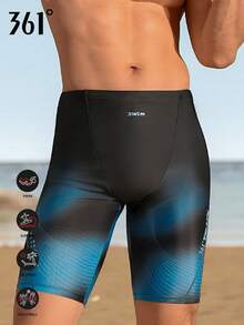 361degree 新款男士及膝竞速泳裤，游泳必备，蓝黑渐变印花流线型设计，裆部加垫舒适，莱卡面料，柔软贴身，适合游泳、度假、海滩、温泉、溯溪、皮划艇、冲浪、沙滩排球、健身等各种夏季活动。 - 黑色 - 查看 1