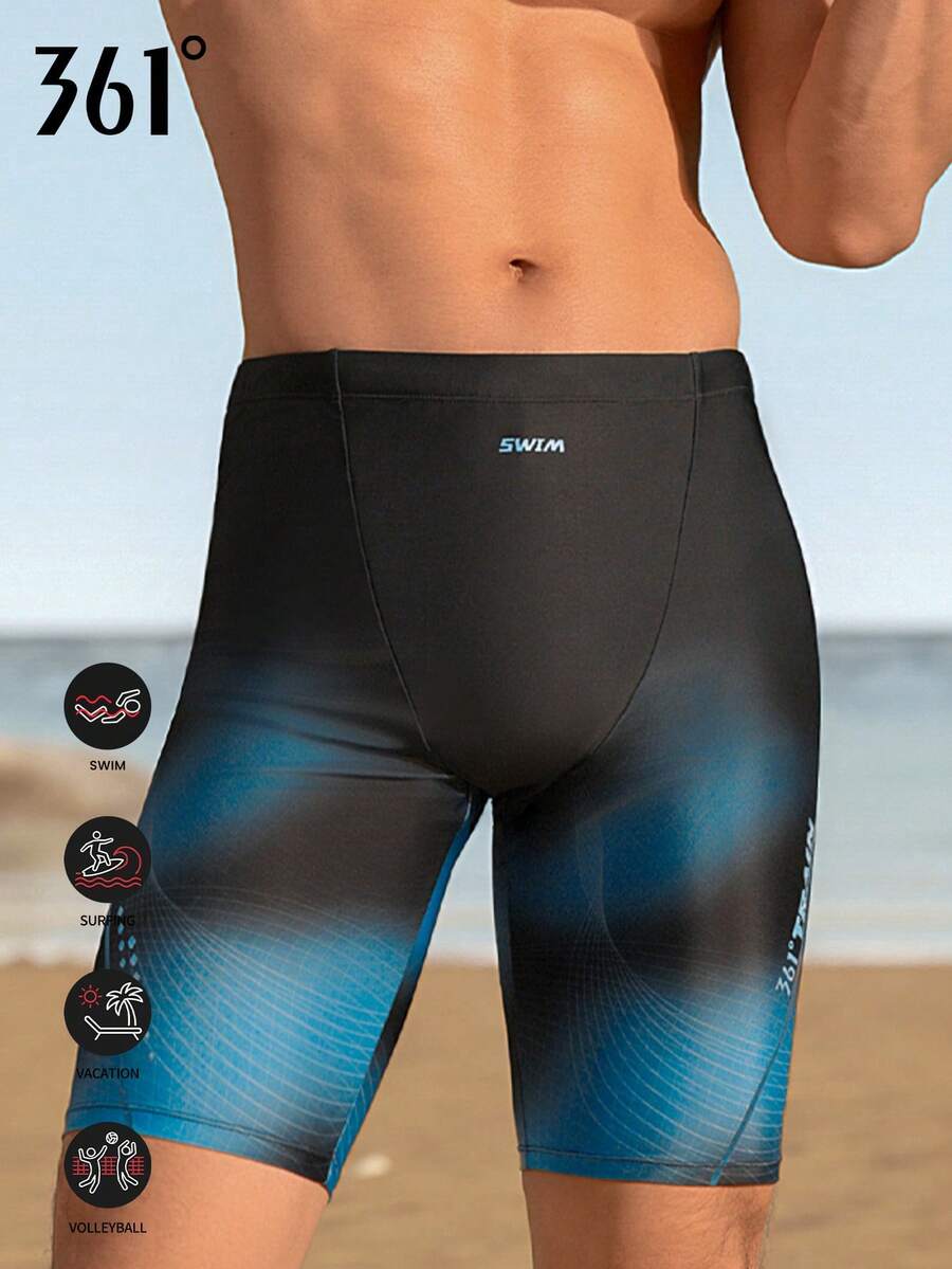 361degree 新款男士及膝竞速泳裤，游泳必备，蓝黑渐变印花流线型设计，裆部加垫舒适，莱卡面料，柔软贴身，适合游泳、度假、海滩、温泉、溯溪、皮划艇、冲浪、沙滩排球、健身等各种夏季活动。 - 黑色 - 查看 1