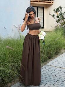 Unadoll 女士夏季性感背心和弹力百褶裙套装，适合约会、度假、情人节和旅行穿着 - 棕色 - 查看 7