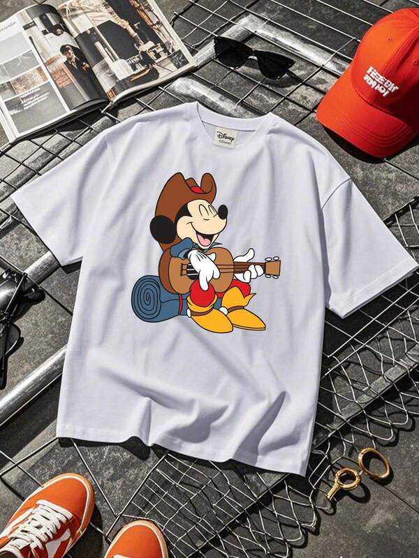  Men's Fashionable Casual Streetwear, Disney Print Short-Sleeved T-Shirt.