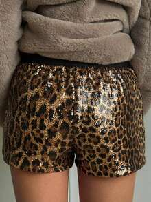 Shorts da donna con stampa leopardata e paillettes, shorts casual quotidiani, stile retrò alla moda, adatti per primavera/estate, essenziali per festival musicali, essenziali per donne alla moda - Dorato - Visualizzare 2