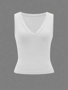 Vaiaye 女士性感修身深V领无袖背心，纯色针织背心，女士健身服，2026春夏嘉年华服装，适合日常穿着和通勤休闲白色 - 白色 - 查看 3