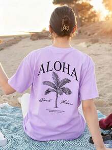 2026 Summer Shirts Women's New Palm Tree Slogan Print Casual Round Neck Short Sleeve T-Shirt, Fashionable Resort Style, Your Daily Essential Item. Gr - 紫色 - 查看 6