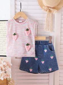 2pcs/Set Young Girls' Vacation Casual 3D Strawberry Embroidery Round Neck Top And Denim Shorts Set, Lightweight Summer - Watermelon Pink - View 3