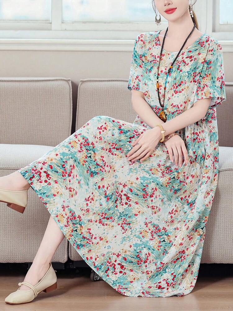 Đầm phong cách Bohemian in hoa lá mới cho mùa hè, thanh lịch dành cho nữ - Màu xanh nhạt - Xem 5