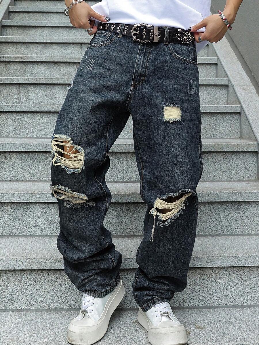 Men's Ripped Jeans Relaxed Fit Straight Leg Distressed Vintage Denim Pants Y2K Hip Hop Skater Streetwear Casual Trousers - 深色水洗藍 - 查看 1
