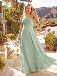 EVERPRETTY Spring Solid Color Pleated Bust Camisole Dress, Spaghetti Strap Draped Open Back Design, Elegant Sage Green Bridesmaid Dress, Wedding Guest Dress - Mint Green - View 5