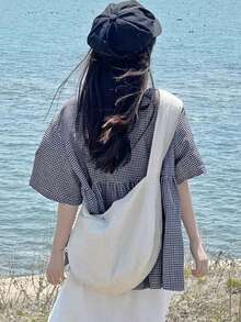 撞色格纹领荷叶边下摆休闲女式短袖衬衫，春夏款 - 藏蓝色 - 查看 3