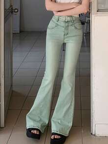 新款百搭简约女式牛仔裤，带口袋和腰带 - 中等水洗藍 - 查看 5