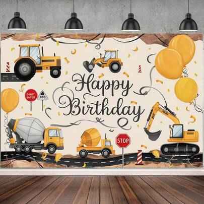 1pc Construction Themed Birthday Party Banner With Excavator And Road Sign Design, Suitable For Indoor Decoration And Celebration, Construction Birthday Decor, Birthday Background, Birthday Party And Holiday Party