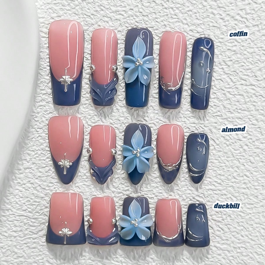 10pcs Fresh & Comfortable Vacation Style Nail Art Set, Including Acrylic Nail Stickers, Handmade 5-Petal Gradient Blue Flowers, Silver Star Nail Decorations, Hand-Painted Silver & White Wave Pattern, Blue Nail Polish, With Nail Tools (1 Jelly Sticker + 1