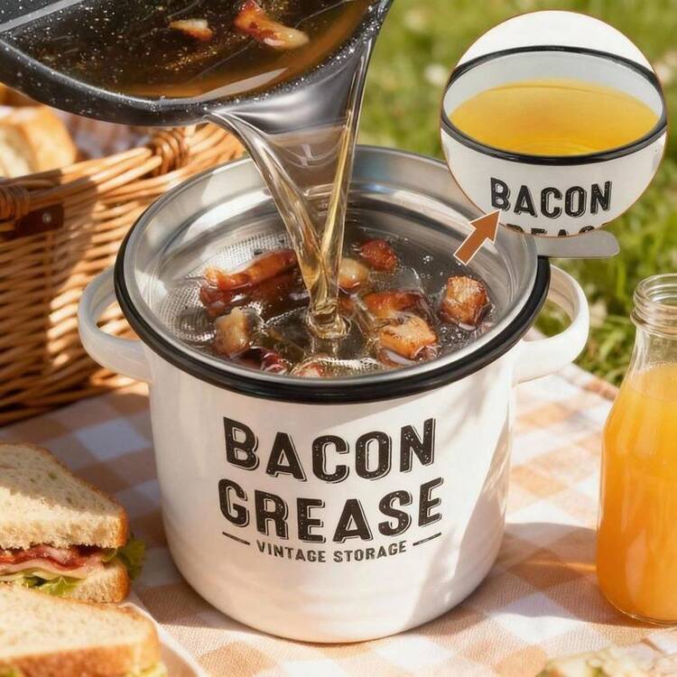 Bacon Grease Collection Jar With Strainer, Large Capacity 46 Oz Vintage Enamel Grease Collection Jar, Suitable For Grease Storage, Kitchen Utensils, Fine Mesh Strainer, Brown Stainless Steel Lid. - White - View 6