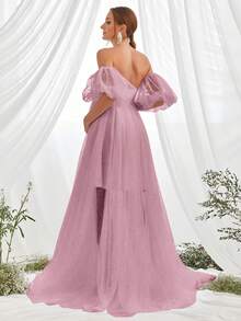 Faeriesty 优雅孕妇浅粉色露肩泡泡袖长款派对礼服 - 藕粉色 - 查看 2