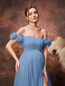 Faeriesty Elegant Maternity Off-Shoulder Maxi Party Gown | Sheer Mesh Fabric, 3D Floral Appliques - Dusty Blue - View 4