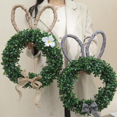 1个复活节兔子花环，桉树叶兔耳造型花环，亚麻蝴蝶结家居装饰吊坠，门挂墙饰花环
