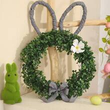 1 Stück/Osterhase Kranz, Eukalyptus grünes Blatt Hasenohren-förmiger Kranz, Leinen Schleife Heim Dekoration Anhänger, Tür Hänger & Wand Dekor Kranz Ornament - Hasen-Kreisblumenkranz - Übersicht 7