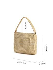 Elegant Minimalist Straw Magnetic Triangle Handbag, Suitable For Party, Wedding, Prom, Gathering, Beach, Spring/Summer - Beige - View 2
