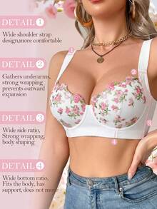 Women's White Floral Embroidery Underwire Push-Up Bra - Side Coverage Design, Comfortable - White - View 4