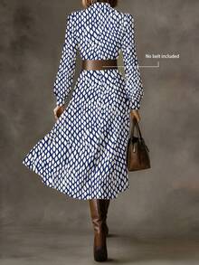 （不含腰带）春夏优雅印花收腰衬衫裙，长裙设计，适合通勤、工作、约会度假等场合。 - 寶藍色 - 查看 3