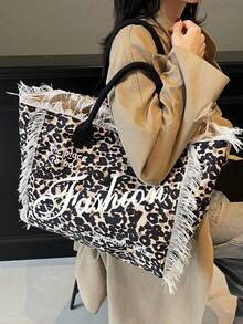 简约时尚帆布条纹手提包，女士单肩包，大容量休闲托特包，豹纹印花流苏装饰，新品上市 - 卡其色 - 查看 2