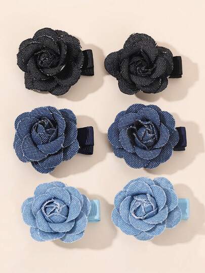 6件套蓝色牛仔布花朵发夹，纯色压缩发夹，休闲日常四季校园发夹，时尚发饰，适合女孩和青少年