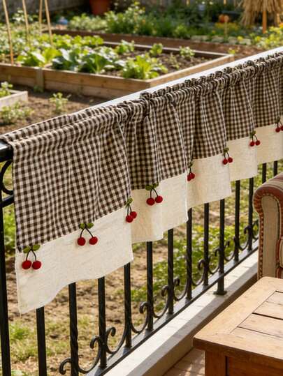 1 pieza Cortina de panel de tela vaporosa con estampado a cuadros de color café, tipo patchwork, con un colgante de cereza desmontable, diseño de bolsillo para barra, estilo rústico de granja, cortina de cocina, cortina de gabinete, tela minimalista y moderna cómoda, adecuada para restaurante, cocina, entrada de cafetería