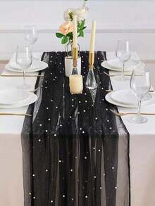 1Pc White Pearl Tulle Decorative Tablecloth,Boho Rustic Cheese Cloth Table Runner For Baby Shower Decoration Wedding Easter Summer Table Runner Baby Shower Family Decorations Gifts - Đen với ngọc trai - Xem 3