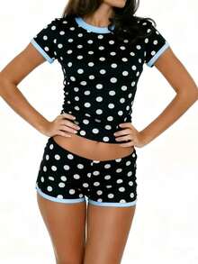 Women's Polka Dot Contrast Trim Loungewear Set - Sleeve Cropped Tee  Shorts Pajama Set With For Summer Cozy Home  Casual Relaxation - 黑色 - 查看 4