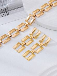 一套百搭精致几何镂空方形金属链项链耳环首饰套装，节日及假期送给女性的礼物 - 金黃色 - 查看 5