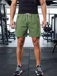 男士运动短裤，男友风，夏季字母印花开衩裤脚，弹力条纹裤，抽绳拉链口袋，适合跑步、锻炼、健身 - 綠色 - 查看 2