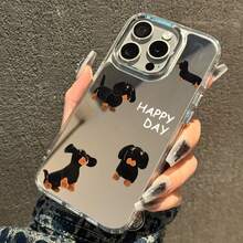 1pc Cartoon Dachshund Dog Mirror Phone Case - Compatible With Apple 17 Air, 16, 15, 14, 13, 12, 11, Pro Max, Plus - Silver - View 2