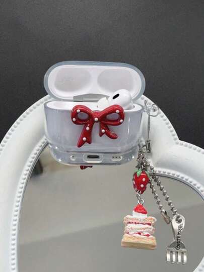 Y2K Kawaii Red Bow & Strawberry Cake Earphone Case With Fork Charm, Transparent Protective Cover For AirPods