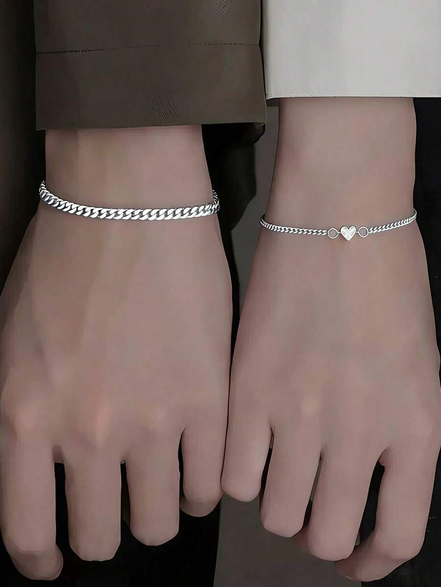 2pcs/Set Couple Heart Charm Bracelet, Exquisite Cuban Chain Hand Jewelry, Fashion Daily Accessory, Best Gift Choice - Couple Bracelets - View 1