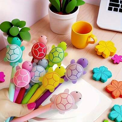 6/12pcs Turtle Shaped Ballpoint Pens - Vibrant Mixed Colors, Smooth Writing Experience, Cute Desktop Decor - Durable Plastic Office Supplies, Holiday Gifts & Party Favors, Creative Stationery, Fun Design
