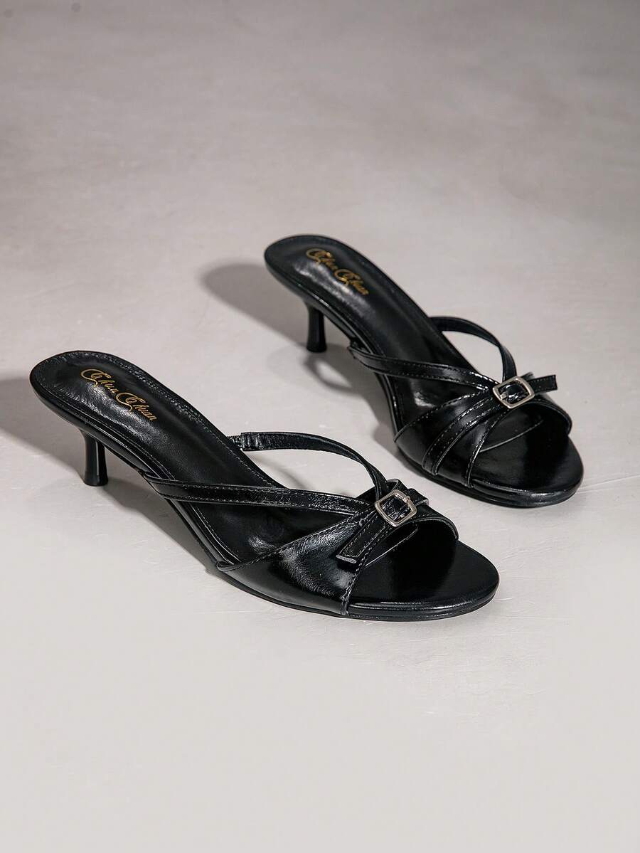 女士小猫跟圆头凉鞋，明星同款交叉绑带拖鞋，夏季蝴蝶结凉鞋，露趾细高跟鞋，派对高跟凉鞋，防滑细跟凉鞋，露趾凉鞋，舒适时尚百搭拖鞋，欧美奢华风，高跟凉鞋，派对高跟鞋，优雅蝴蝶结交叉绑带西部风，奢华风，休闲风，度假风，夏季派对 - 黑色 - 查看 1