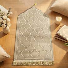 1pc Flannel Embossed Thick & Soft Prayer Rug, Anti-Slip & Easy To Clean Large Carpet Mat With Tassels - Camel - View 1