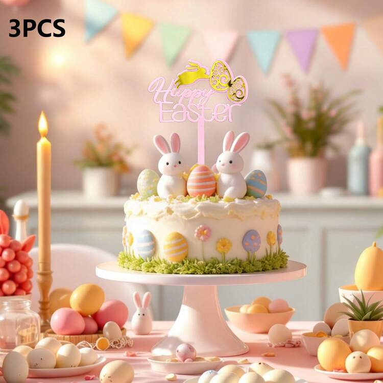 1个/3个/6个粉色和蓝色复活节快乐亚克力蛋糕装饰插牌，兔子蝴蝶造型，适用于复活节派对装饰 - 彩色 - 查看 11