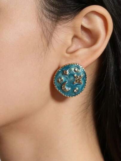 1 Pair Dreamy Starry Sky Glazed Earrings, Vintage-Inspired Earrings Decorated With Gold Stars, Moons, And Tiny Rhinestones, Creating A Romantic Starry Atmosphere, Suitable For Daily Commute Outfits As Well As Date Nights And Gatherings