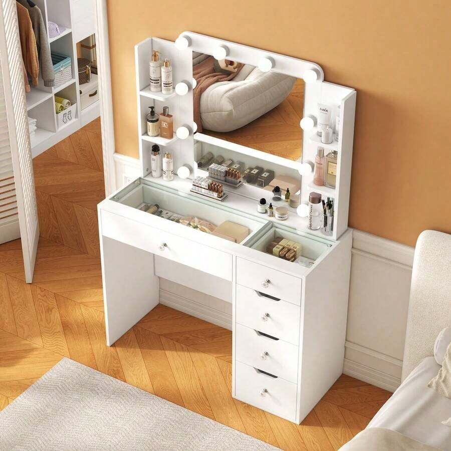 35.5 Modern Vanity Desk With Lighted Mirror, Makeup Vanity Table With Glass Top, 10 USB Power Bulbs Mirror 3 Color & Brightness Adjustable,Bedroom Vanity Set Girls Women,New Year - 白色 - 查看 1