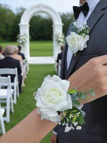 1件/2件/6件装奢华玫瑰绣球花人造花胸花和腕带，适合新郎、新娘、伴娘、婚礼、舞会、派对、正式场合 - 白色 - 查看 3