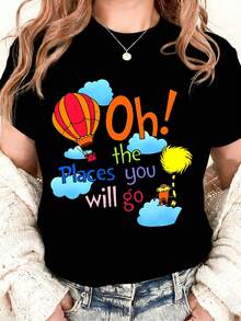 Oh The Places You Will Go Hot Air Balloon And Cat In Hat Shirt For Adventure Lovers Travel Inspired Graphic Tee With Inspirational Quote For Kids And Adults Fun Outfit For Summer Days Road Trips And Family Vacations - màu đen - Xem 2