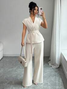 Women's Elegant Tie-Front Sleeveless Top And Wide-Leg Pants Set, Made Of Non-Stretch Fabric, Suitable For Spring/Summer Wear - Apricot - View 2